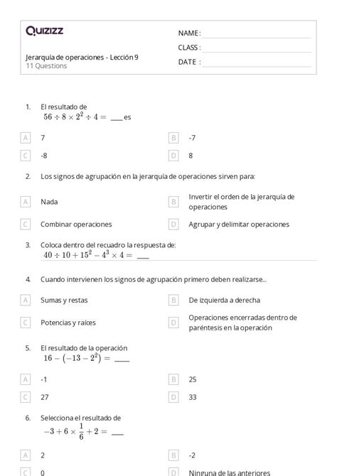 50 Orden De Operaciones Hojas De Trabajo Para Grado 3 En Quizizz