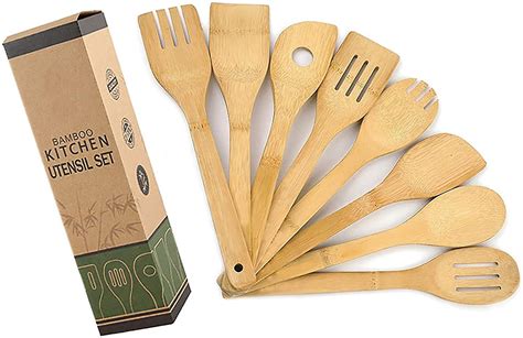 Set Of Bamboo Kitchen Utensils Wooden Spoons Spatulas Non Stick