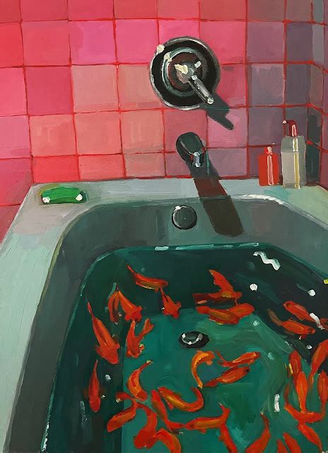 A Painting Of Goldfish In A Bathtub With Red Tiles On The Wall Behind It