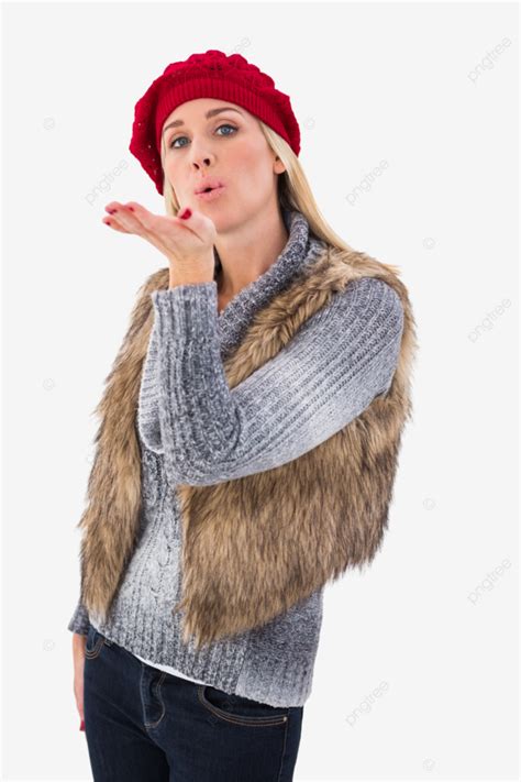 Blonde In Winter Clothes Blowing Kiss Isolated Woman White Background