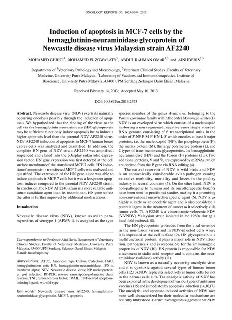 Pdf Induction Of Apoptosis In Mcf 7 Cells By The Hemagglutinin