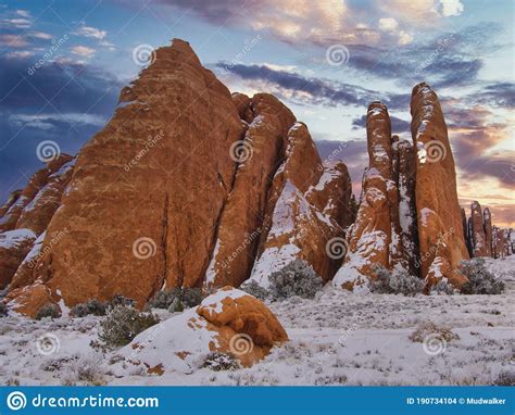 Snowy Red Rocks Of Arches National Park Stock Photo Image Of United