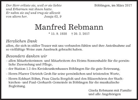 Traueranzeigen von Manfred Rebmann Kreiszeitung Böblinger Bote