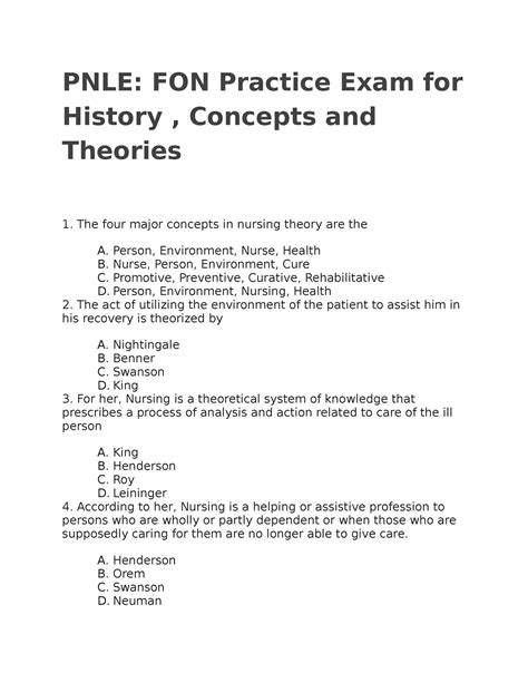 Foundation Of Nursing Practice Exam For History Concepts And Theories