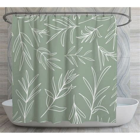 Sage Green Shower Curtains White Vector Leaves On Green Shower Curtain