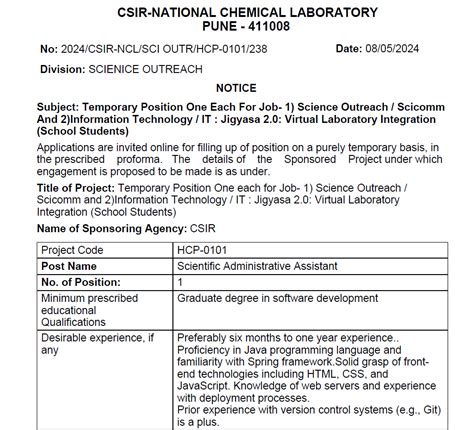 Scientific Administrative Assistant Positions 2 Csir Ncl Pune