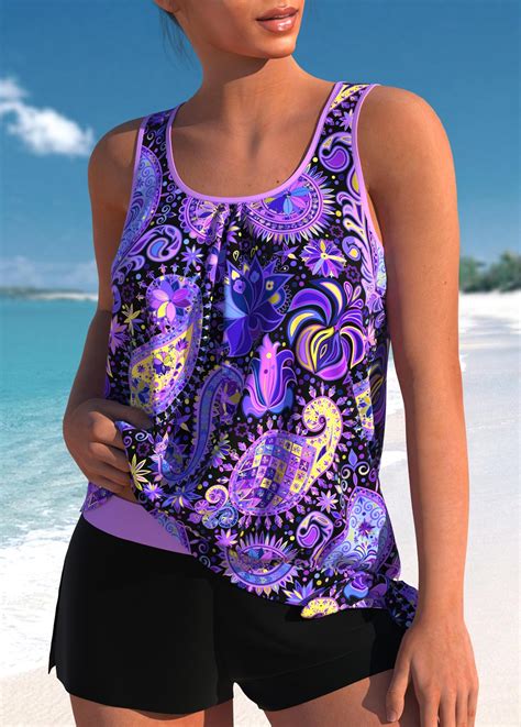 Bowknot Mid Waisted Paisley Print Purple Tankini Set Modlily