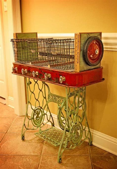 Repurposed Red Wagon Sewing Machine Base Storage Table Repurposed