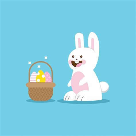 Premium Vector Cute Easter Bunny And Basket With Eggs Cartoon Flat