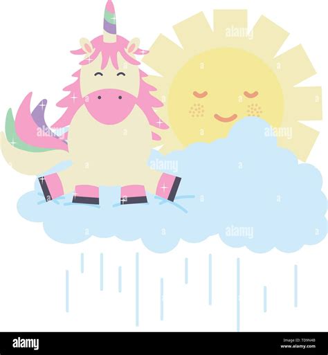 Cute Adorable Unicorn With Clouds And Sun Kawaii Characters Vector