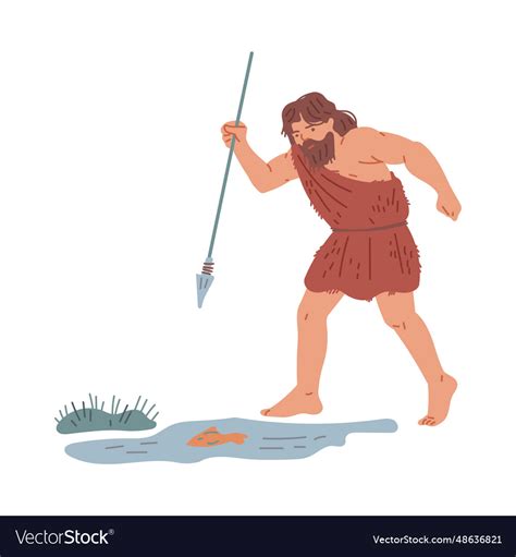 Prehistoric Primitive Caveman Fishing With Spear Vector Image