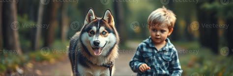 Child and Siberian husky enjoying a walk in a forest during late