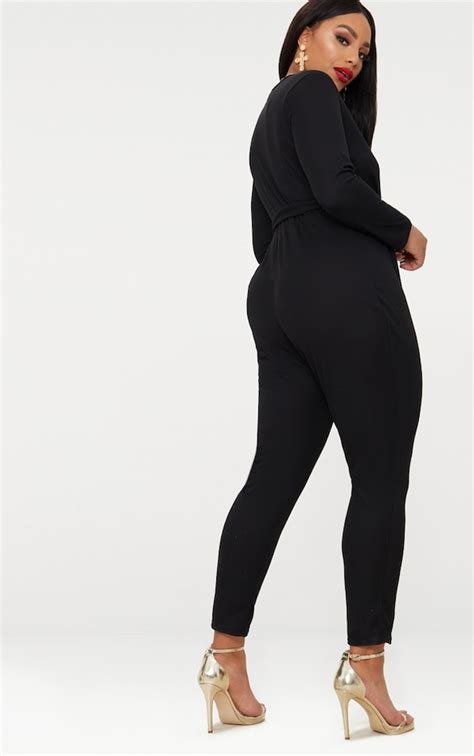 Plus Black Ribbed Wrap Front Jumpsuit Plus Prettylittlething