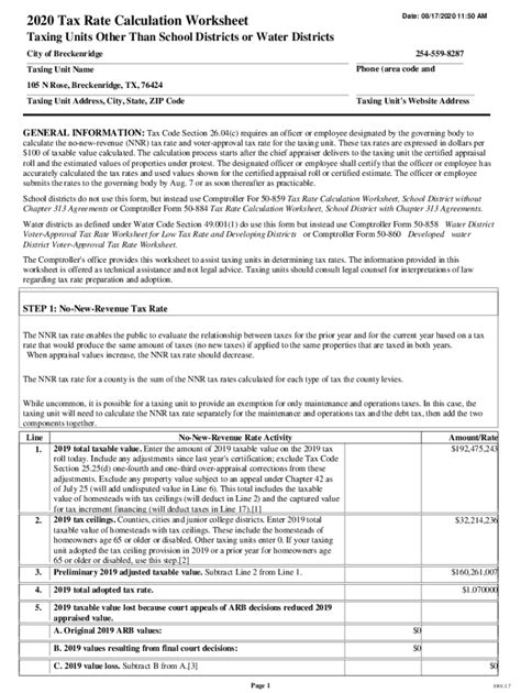 Fillable Online 2020 Tax Rate Calculation Worksheet Stephens County