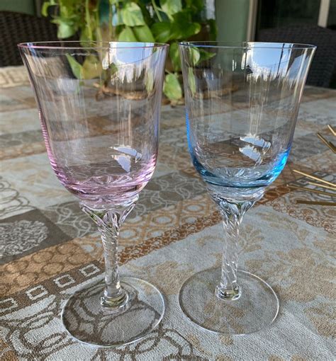 Hawthorne By Sasaki Wine Glasses Coral Pink And Azure Light Blue Etsy