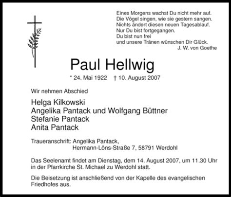 Traueranzeigen Von Paul Hellwig Trauer In NRW De