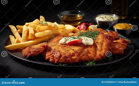 Fried Wiener Schnitzel From Veal Topside With French Fries Generative