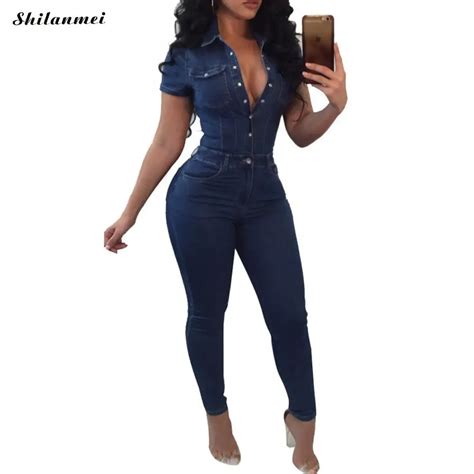 Sexy Short Sleeve Denim Jumpsuit Jeans Sexy Deep V Neck Long Bodysuit Women Overalls Rompers