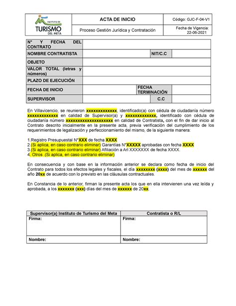 GJC F 04 V1 Acta De Inicio ACTA DE INICIO Código GJC F 04 V Proceso