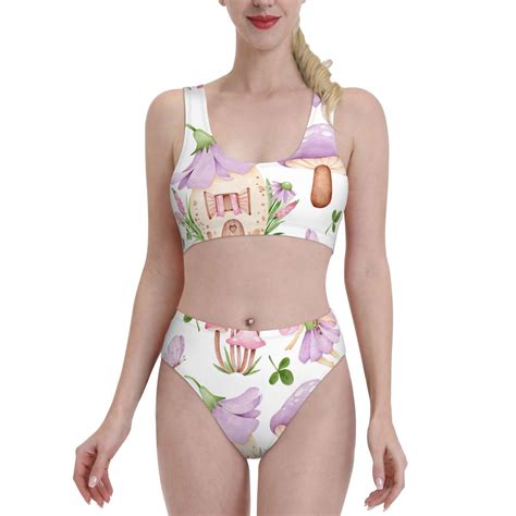 High Waisted Bikini Sets For Women Mushroom Fairy House Swimsuits Tummy Control Two Pieces