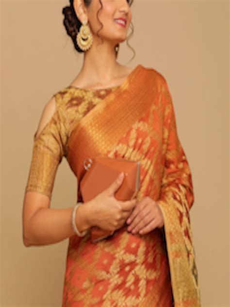 Buy Satrani Orange And Gold Toned Woven Design Zari Silk Cotton Banarasi