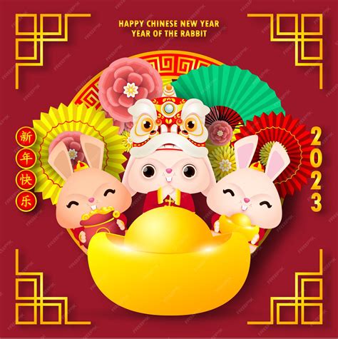 Premium Vector Happy Chinese New Year 2023 Greeting Card Cute Rabbit With Lion Dance And