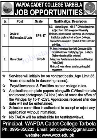 Wapda Cadet College Jobs In Tarbela October Advertisement