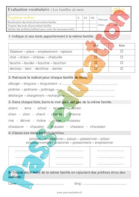 Evaluation Avec Le Corrig Pour Le Ce Sur Les Familles De Mots Bilan