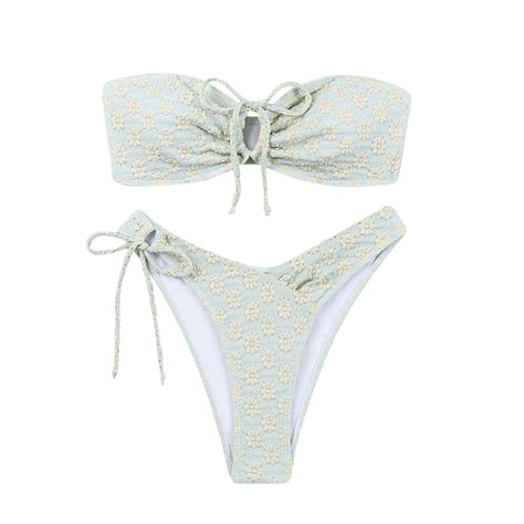 UTSJKR Women S Floral Jacquard Bandeau Bikini Set Drawstring Tie High Cut Bikini Swimsuit Bikini