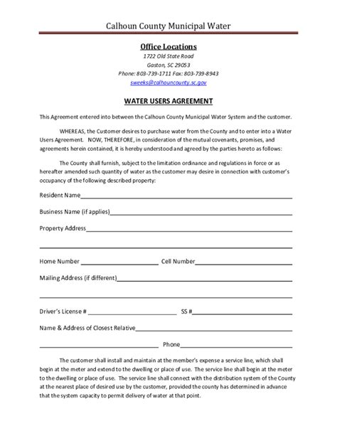 Fillable Online Calhouncounty Sc USER AGREEMENT 850 100 New Tap