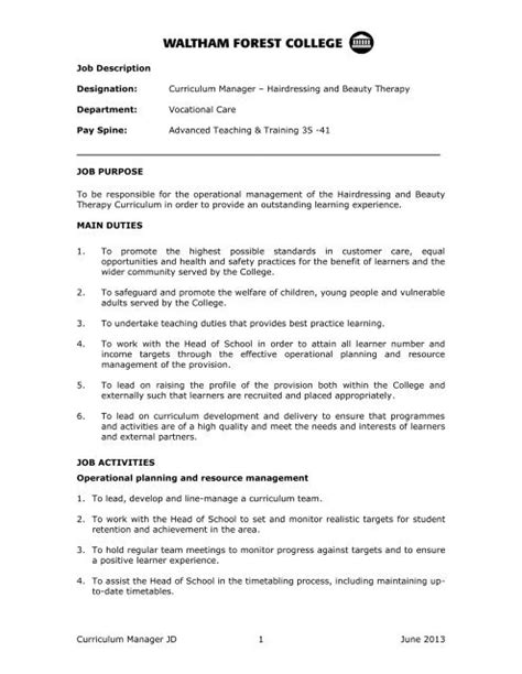 Curriculum Manager JD 1 June 2013 Job Description FEjobs