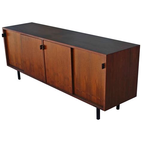 Early Walnut Modern Knoll Sliding Door Sideboard With Vintage Leather