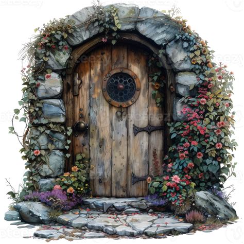 Rustic Wooden Door With Stone Archway And Flowers 46454423 PNG