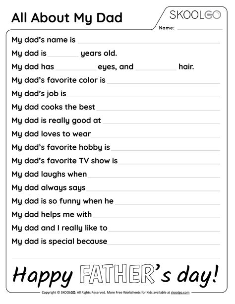 Free Printable All About My Dad Worksheet