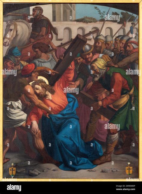 Luzern - The painting Simon of Cyrene helps Jesus carry the cross as ...