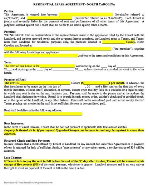 North Carolina Residential Lease Agreement Template