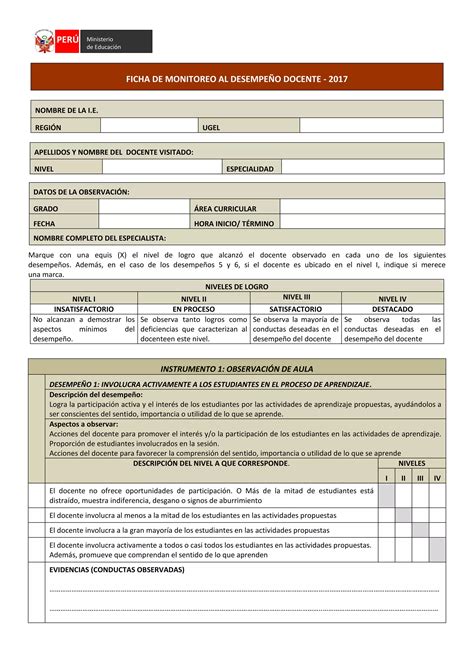 Ficha De Evaluacion Del Desempe O Docente Pdf