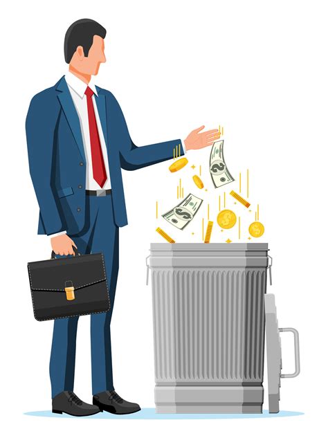 Businessman putting golden coins and dollar bills in trash. Garbage