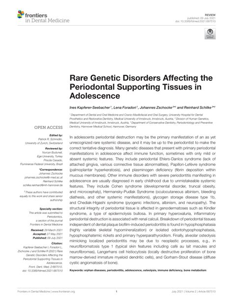 Pdf Rare Genetic Disorders Affecting The Periodontal Supporting Tissues In Adolescence