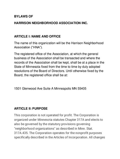 Fillable Online Bylaws Of Harrison Neighborhood Association Inc Fax