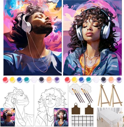 Tebteotek Sip And Paint Kit For Adults Couples Date Night Pre Drawn Canvas To Paint