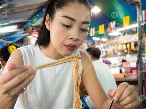 Asian Woman Eating Noodle In Thai Local Restaurant Stock Image Image