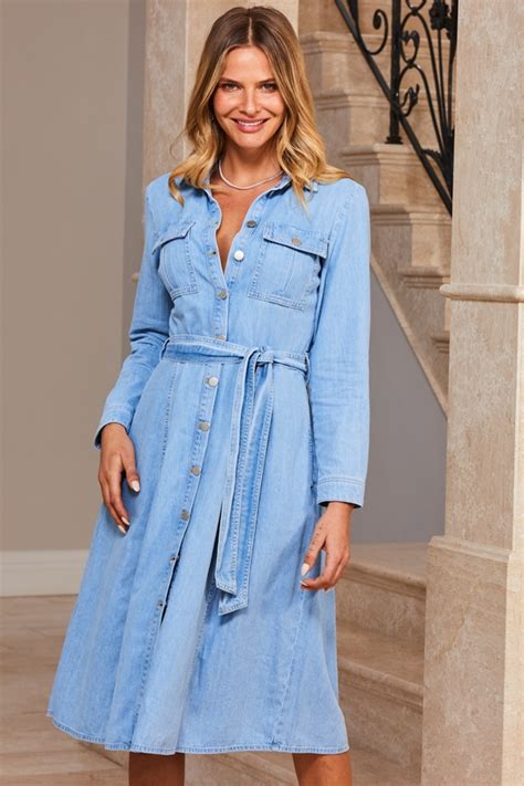 Light Wash Denim Midi Shirt Dress