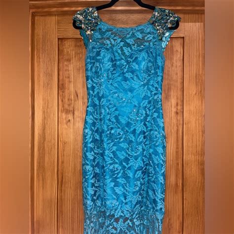 Flirt Dresses Aqua Flirt Lace Gown With Embellished Sleeves Poshmark