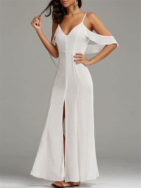 2018 Cold Shoulder Long Backless Slit Prom Dress In White S