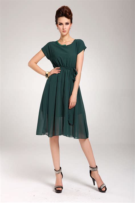 Wholesale Summer Elegant Solid Color Chiffon Short Sleeve Green Maxi