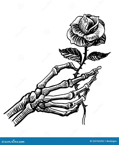 Skeleton Hand Holding A Rose Flower Hand Drawn Retro Styled Ink Black