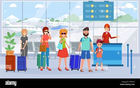 Passengers In Airport Terminal Queue Illustration Cartoon Characters With Luggage Waiting In In