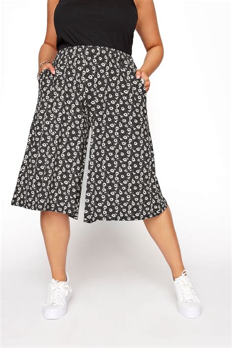 Plus Size Black Floral Print High Waist Culottes Yours Clothing