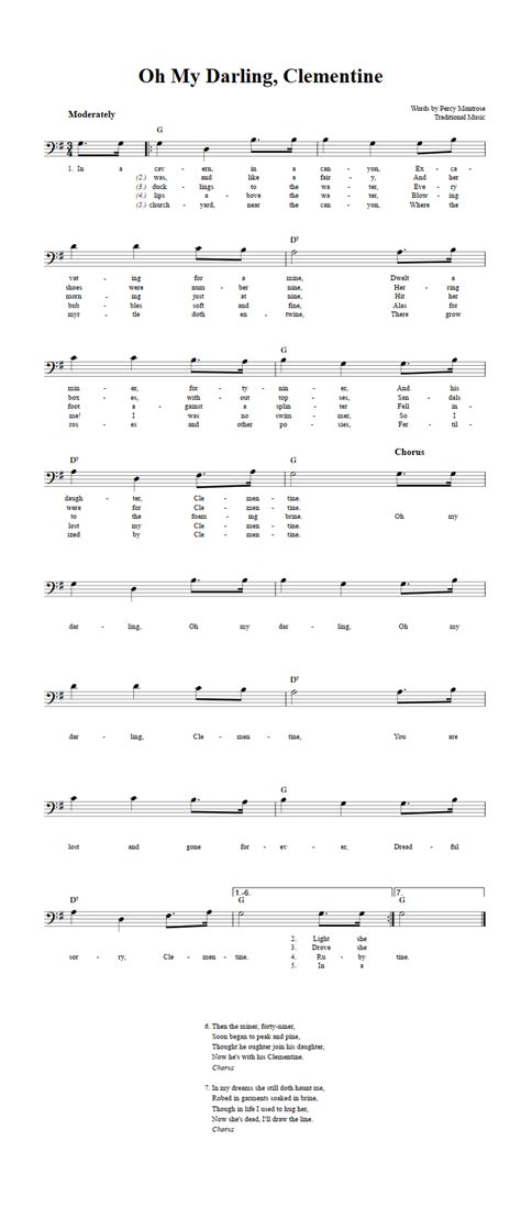 Oh My Darling, Clementine: Chords, Lyrics, and Bass Clef Sheet Music